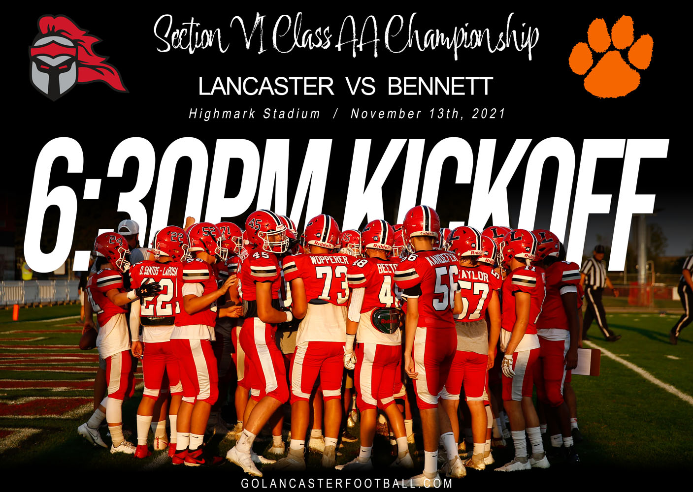 Kickoff for Lancaster vs Bennett Section VI Championship Game