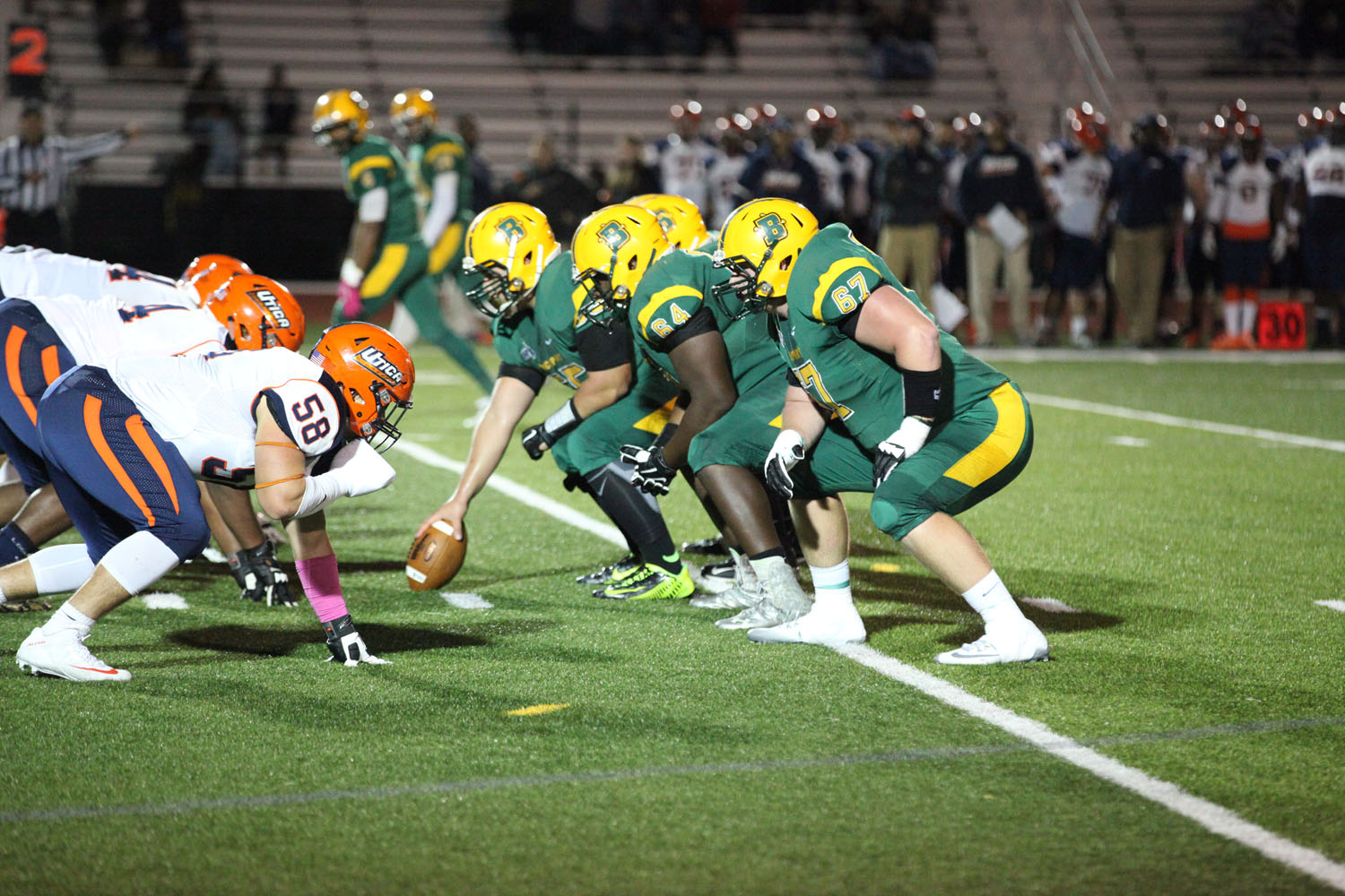 The offensive line set for the play