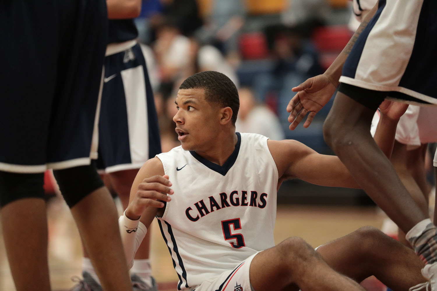 Lawrence Charles looking at the ref after a foul