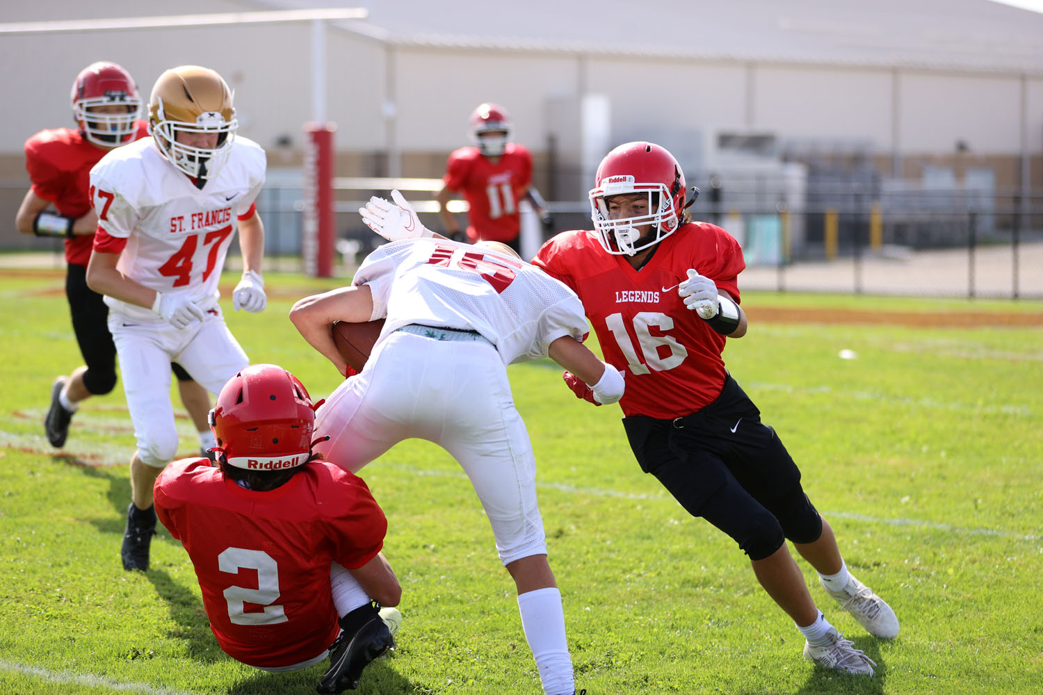 Lancaster defenders making the tackle