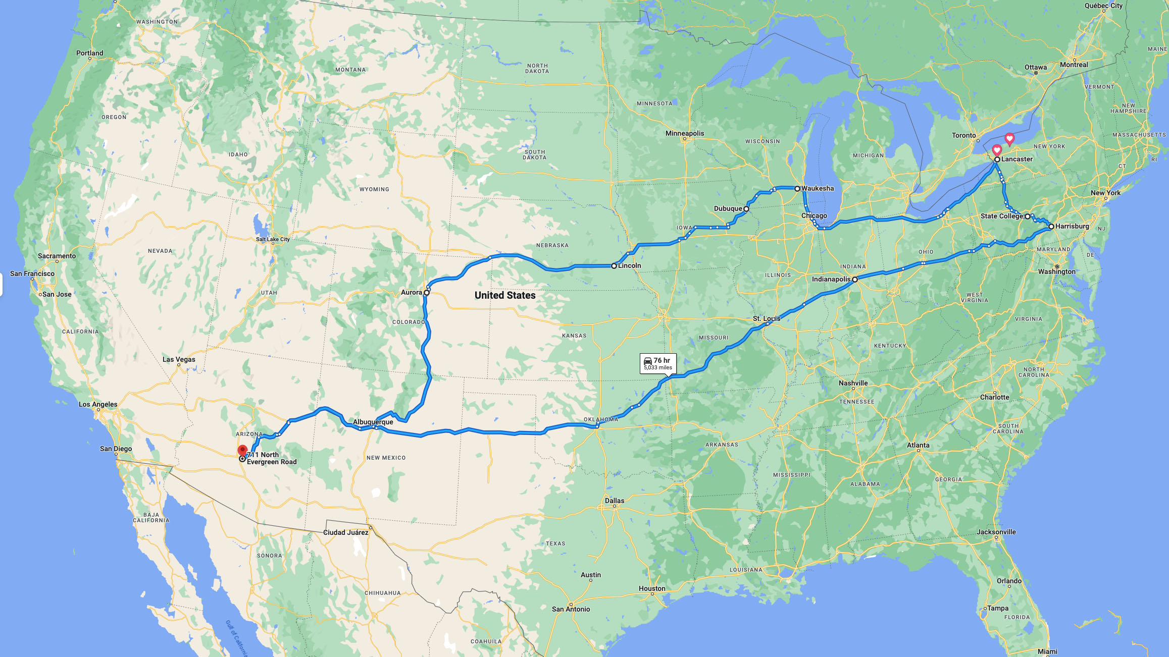 Map of my trip across the country